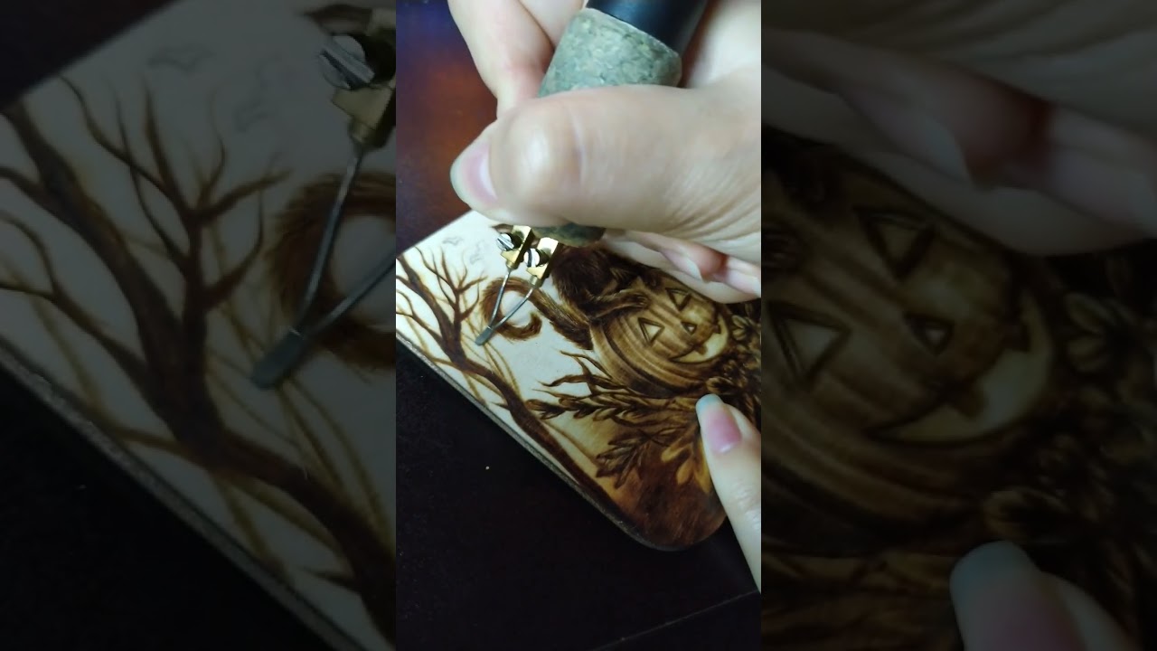 And the last one. 🎃🐈 #art #halloween #halloweenart #pyrography #woodart #woodburning  #shorts #cat