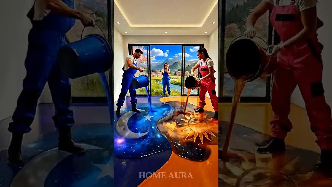 This Moon & Sun Floor Is Just Beautiful! 😱🌙💙 Moon & Sun Epoxy Floor 🧡☀️ #epoxy