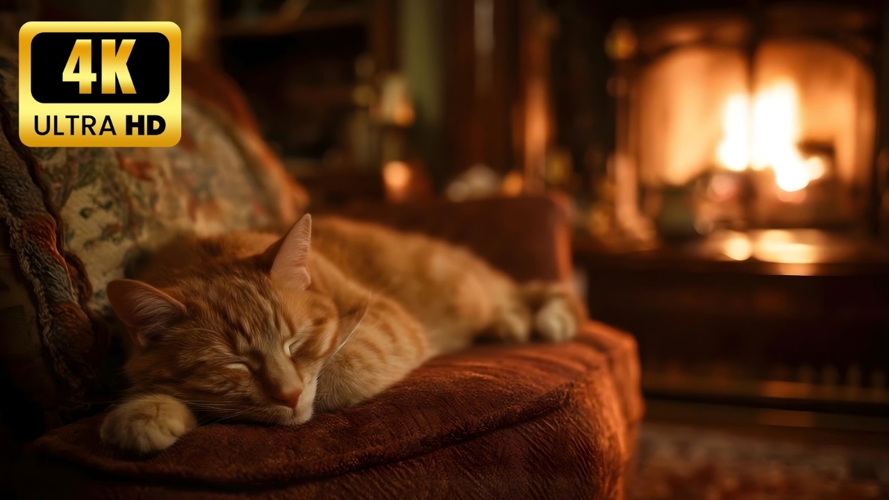 🔥 Cozy Fireplace, cat purring 4K. (5 HOUR) Fireplace with Crackling Fire Sounds.