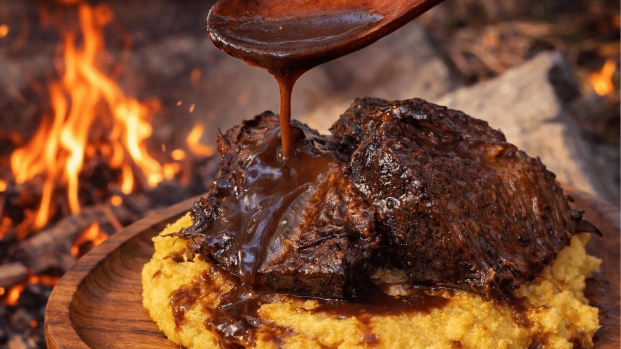 I Cooked Slow Braised Beef in Red Wine Over Fire | Outdoor Cooking