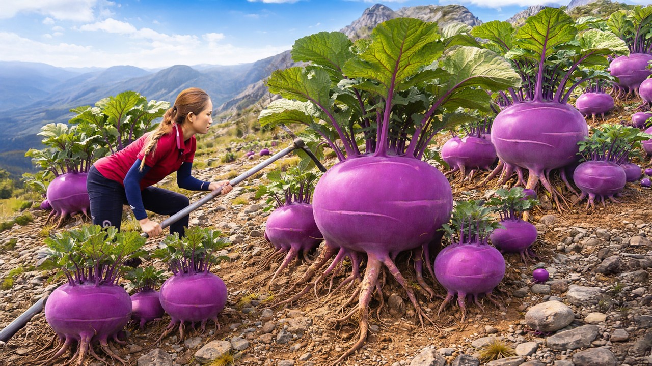 Harvesting Rare Giant Purple Kohlrabi on Cliffs, Ancient Native Kohlrabi Thrives in Harsh Conditions