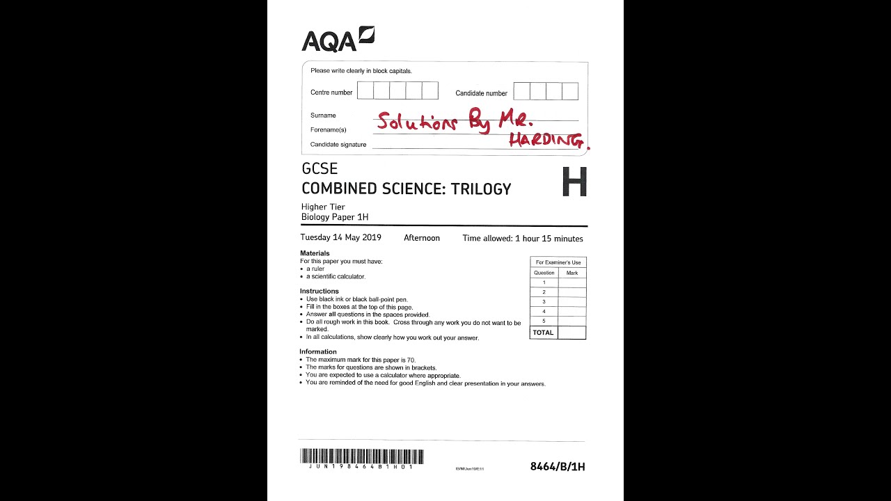 AQA - GCSE 9-1 - Combined Science [Trilogy] - Biology - Paper 1H - 2019 - Solutions By Mr Harding