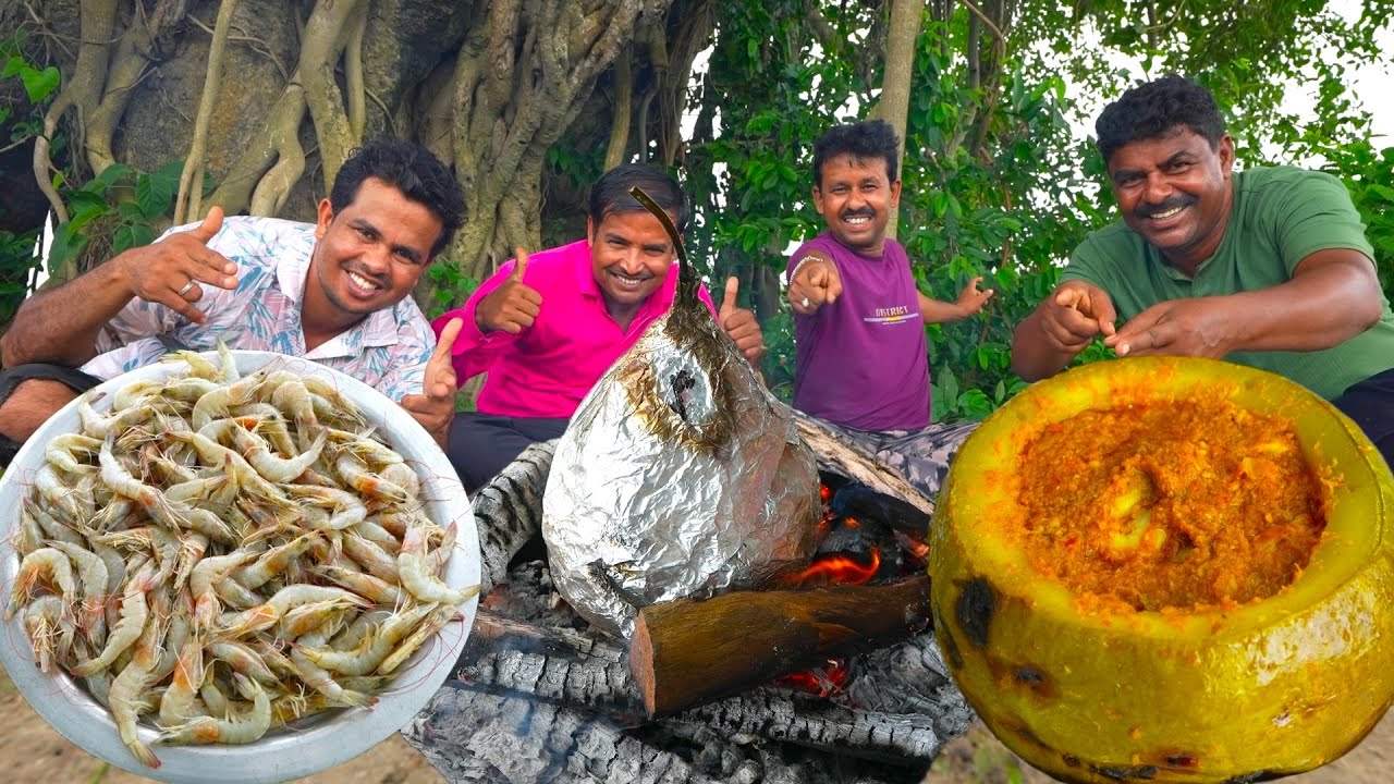 লাউয়ের ভেতর চিংড়ি পোড়া | Chingri recipe in Gourd | village cooking vlog