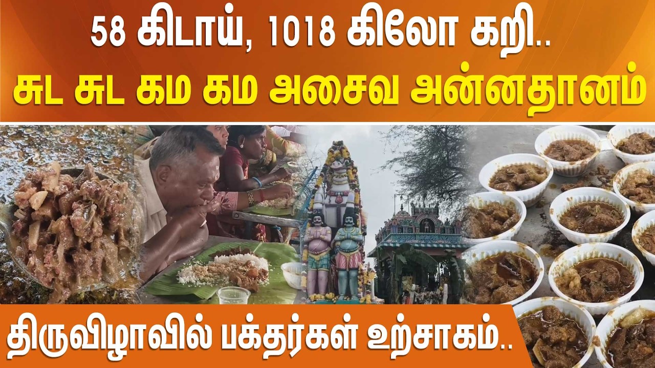 58 கிடாய், 1018 கிலோ கறி.. சுட சுட கம கம அசைவ அன்னதானம் - திருவிழாவில் பக்தர்கள் உற்சாகம்....