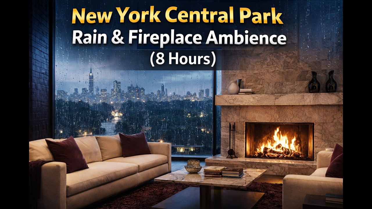 New York Central Park Rain & Fireplace Ambience (8 Hours) | Sleep, Study, Relax