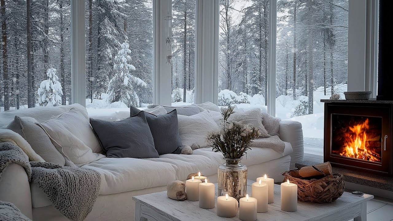 Modern Winter Sanctuary | Relaxing Fireplace and Snowy Forest View for Deep Sleep and Calm