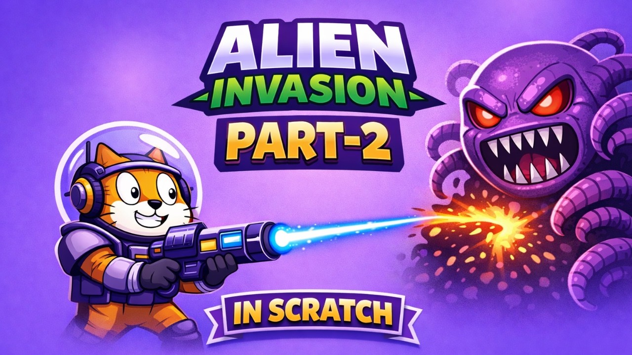 Part-2  Alien Invasion Shooter Game in Scratch 👾 | Score, Lives & Game Over