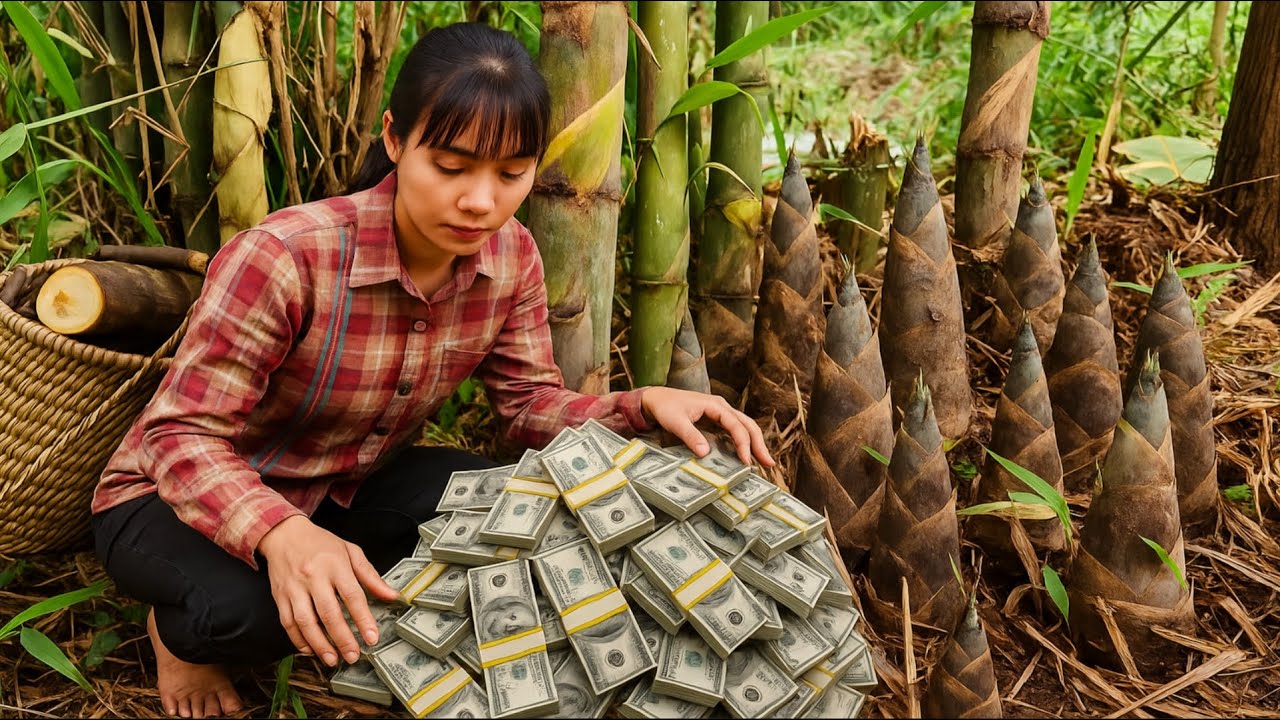 Girl finds a lot of money while harvesting giant bamboo shoots