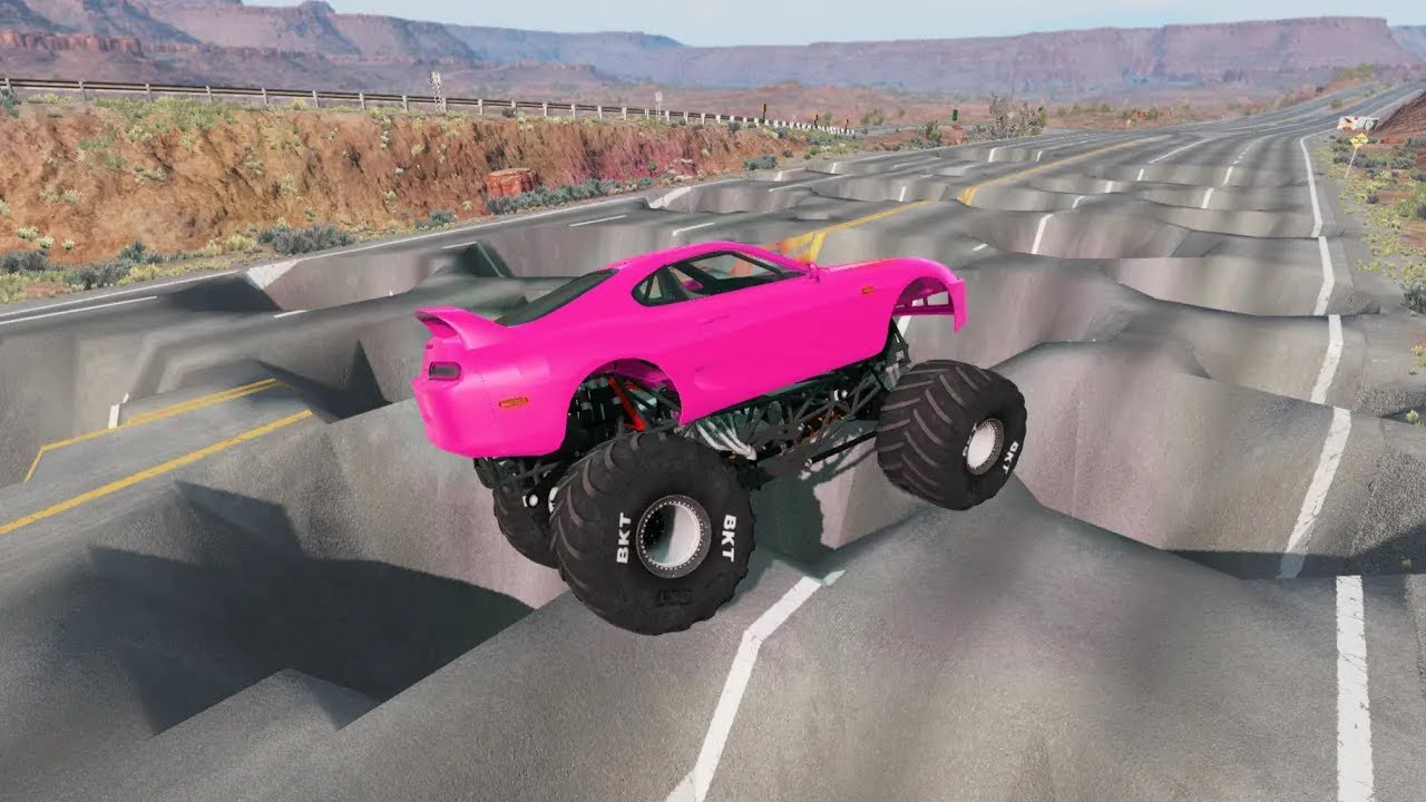 Cars vs 100 Giant Pits   BeamNG Drive!