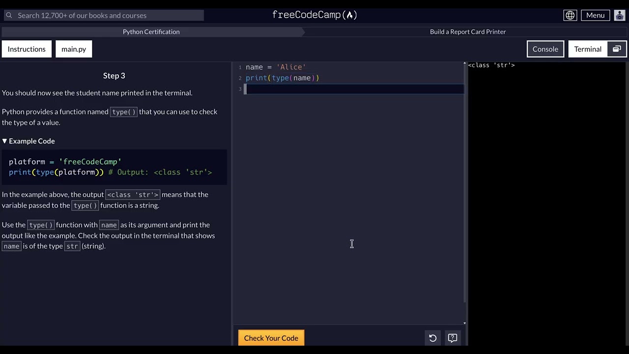 FreeCodeCamp - Python Project  - Step 3 of 10 - Build a Report Card Printer