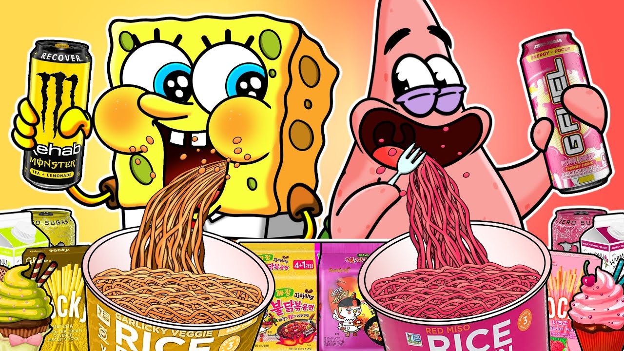 [Animation] Pink Vs Yellow! Eating Emoji Foods challenge Mukbang! | Spongebob Animation Mukbang
