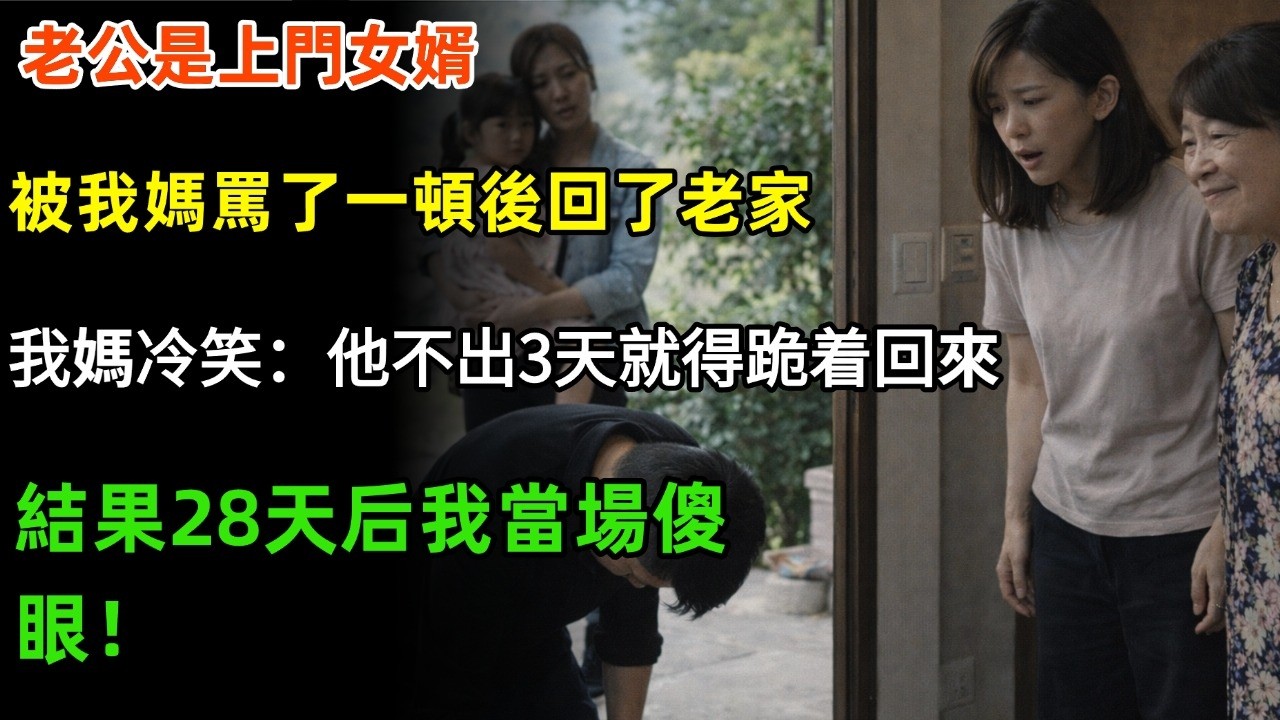 老公是上門女婿，被我媽罵了一頓後回了老家，我媽冷笑：他不出3天就得跪着回來，結果28天后我當場傻眼！#家庭 #情感 #婆媳 #故事