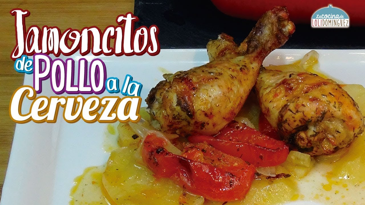 Jamoncitos de pollo al horno a la cerveza con patatas - Recetas paso a paso. Loli Domínguez