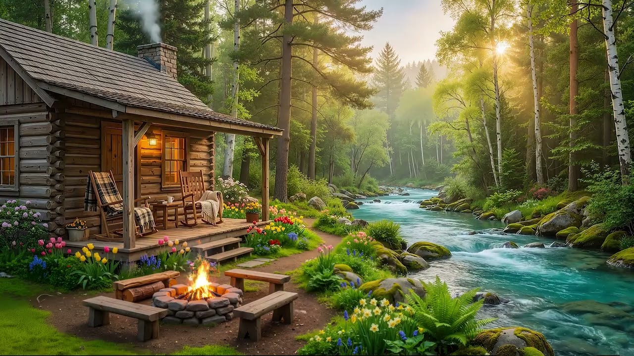 Spring Morning Forest Riverside Cabin Porch 🌿🔥 Calming Fire Pit, Flowing River Ambience