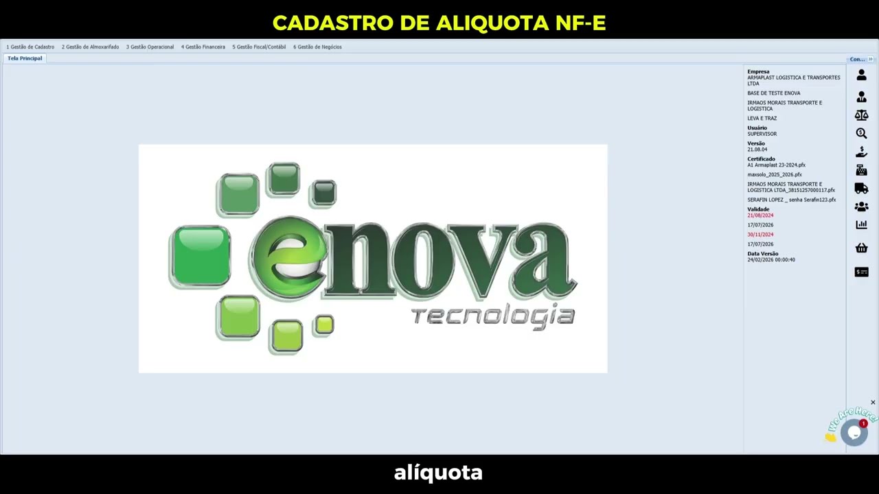 Cadastro de Aliquota NF-e | Enova Tecnologia