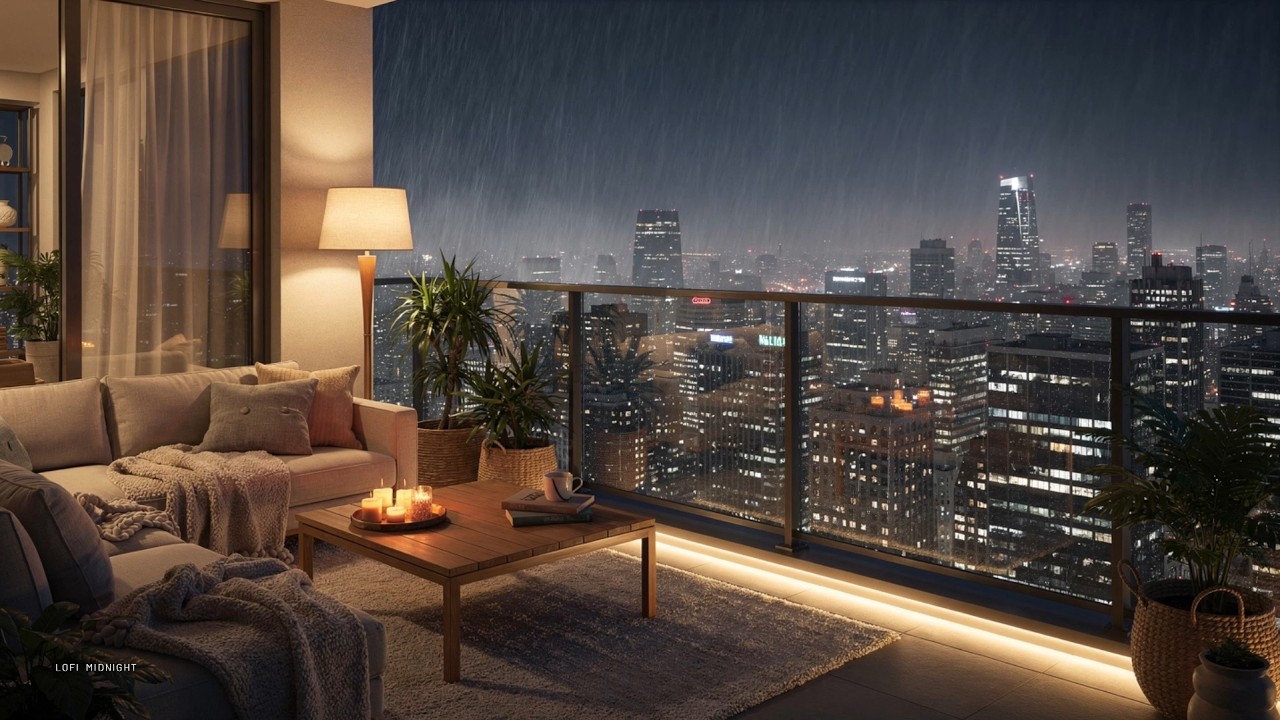 Midnight Rain & City Lights 🌧️ Cozy Balcony Lofi Beats for Deep Focus, Study & Sleep
