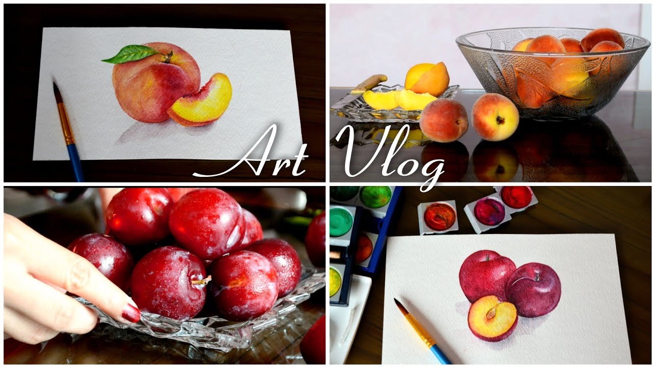 Fruit Watercolor Painting - Still Life Composition | Peach Fruit, Sweet Plums, Watercolor, Art Vlog