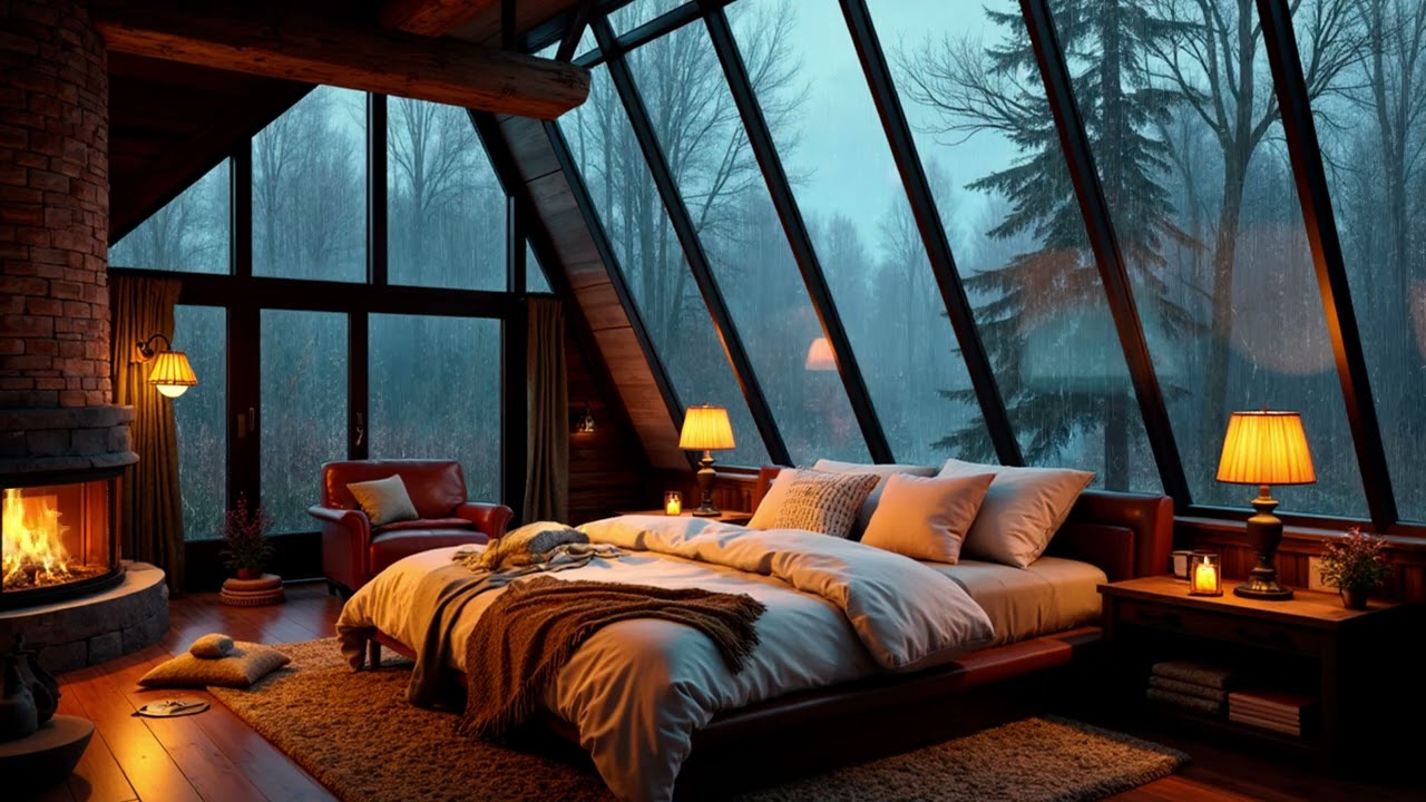 Rain Sounds in a Glass Roof Forest Cabin | Cozy Rainy Night Bedroom Ambience for Deep Sleep