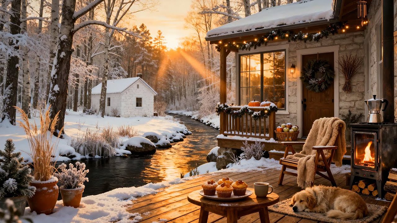 Winter Cabin Morning 🔥 Warm Stove Fire and Flowing River Outside