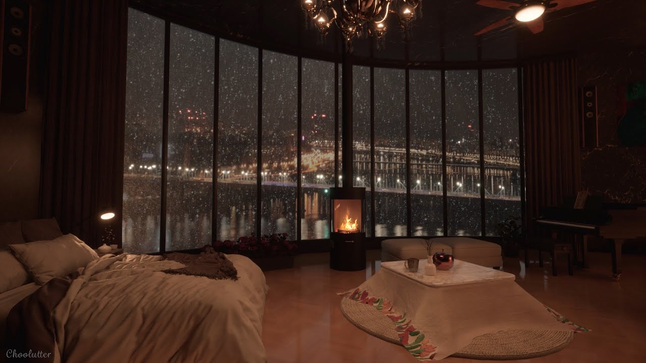 Snowy Winter, Virtual Seoul Apartment With A View Of The Han River | Crackling Fire Sounds, Sleeping