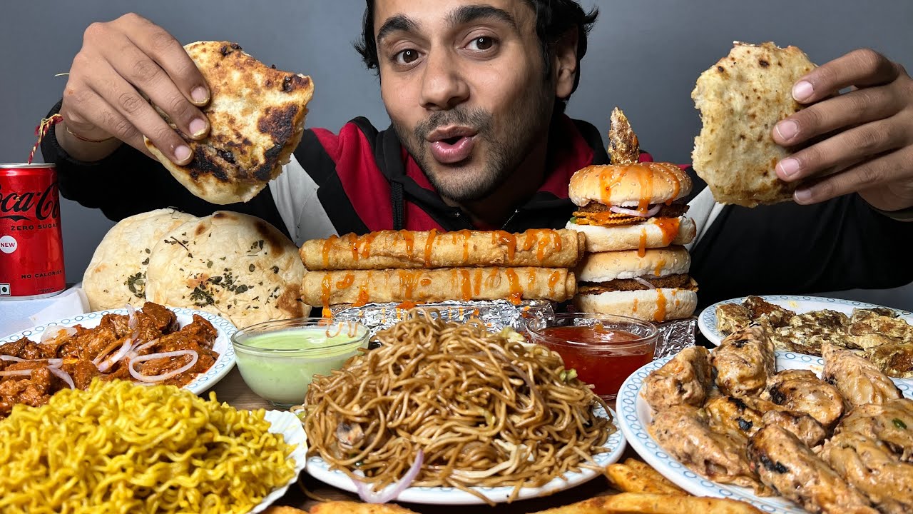 STREET FOOD MUKBANG !!! CHOWMEIN, MOMOS, MAGGI, SPRING ROLL, KULCHE & BURGER | EATING SOUNDS | ASMR