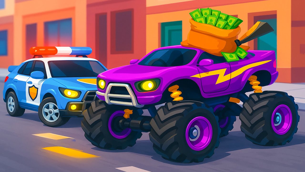 Police Car vs Money Monster Truck 🚓💰 Epic City Vehicle Chase | Vehicle Animation