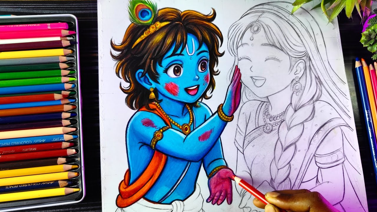 Radha Krishna Holi Drawing Colour ❤️&zwj;🩹, Radhakrishna Playing Holi Drawing Animestyle(Colour Part 1)