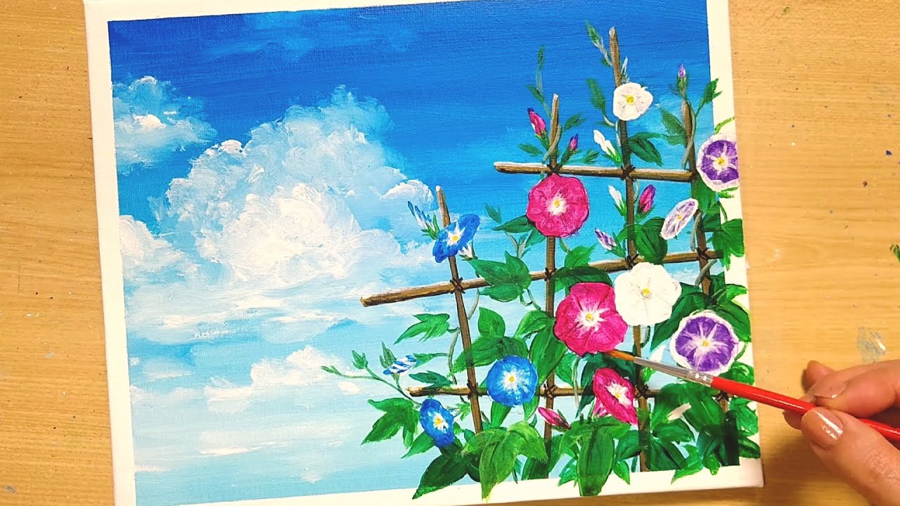 アクリル絵の具で【朝顔】を描く方法/夏の空/初心者のための簡単なアクリル画/Step by step