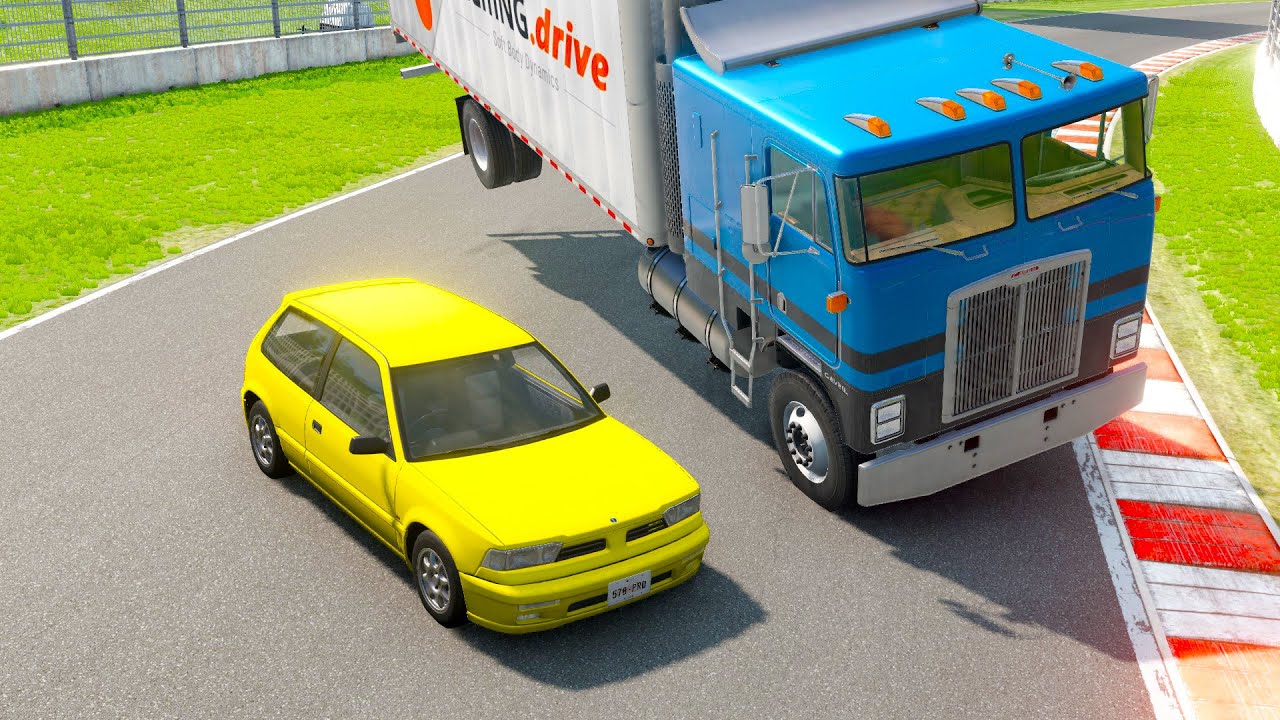 Double Flatbed Trailer Truck vs Speedbumps Train vs Cars | Tractor vs Train Beamng.Drive