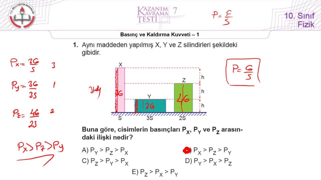 10.Sınıf MEB Fizik Kazanım Kavrama Testi-7 (Basınç ve Kaldırma Kuvveti-1) [2019-2020]