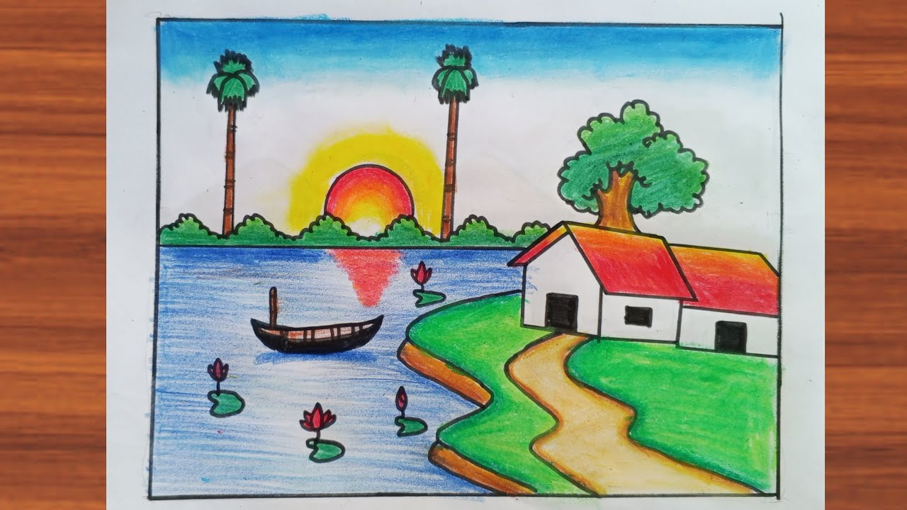 Village house scenery drawing 😙 natural landscape scenry drawing easy #art #drawing @EasyDrawing24 
