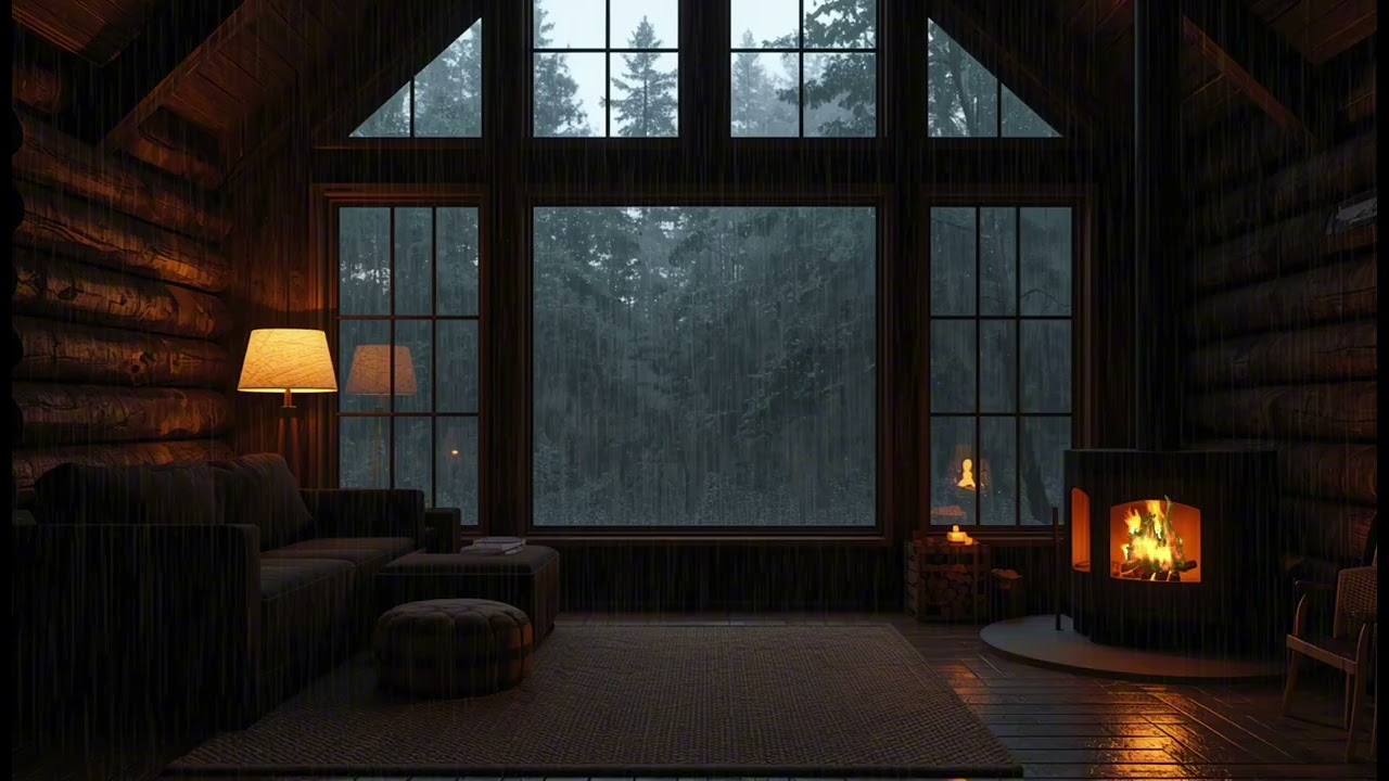 Heavy Rain on Window in a Warm Cozy Cabin | Fireplace Sleep Sounds