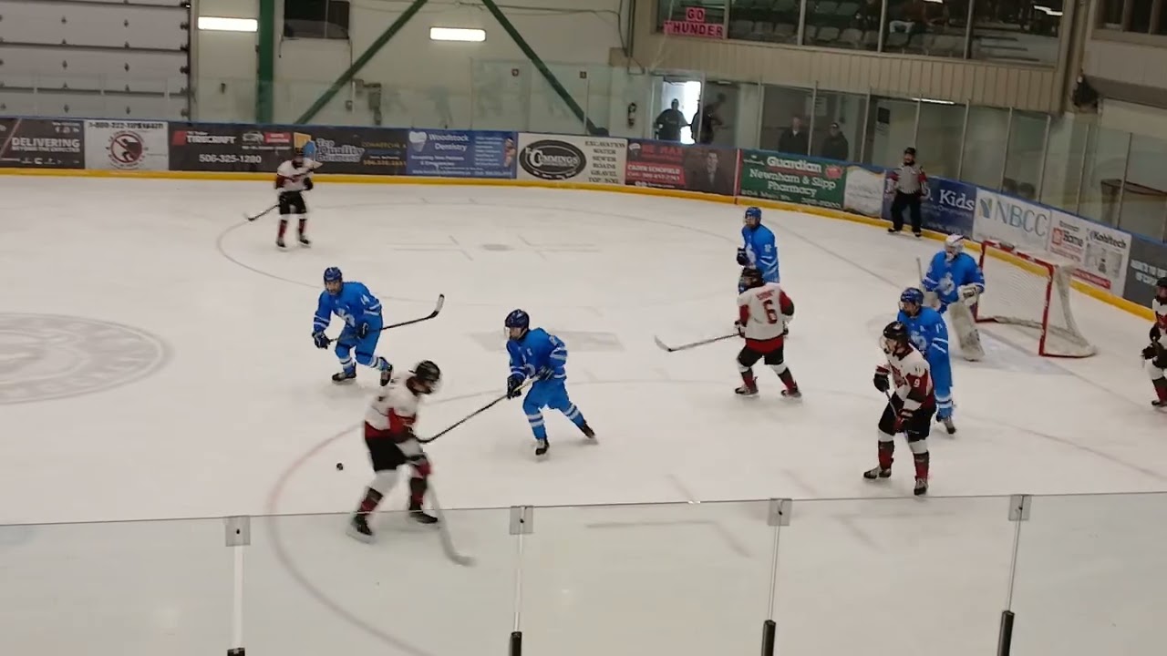 Woodstock High School Hockey comes clise to Scoring a Goal at End.Woodstock,NB.2026.
