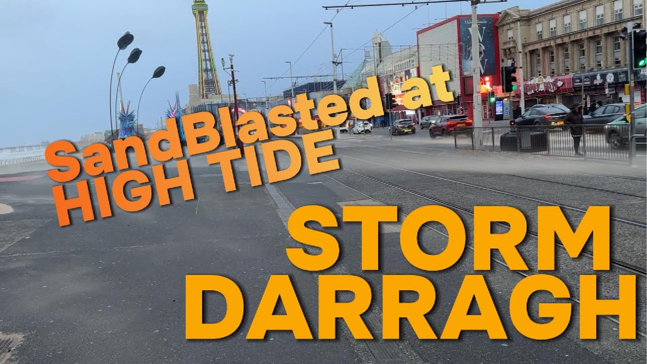 Sandblasted by Storm Darragh along BLACKPOOL prom at High Tide