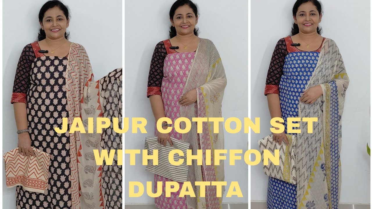 JAIPUR COTTON SET WITH CHIFFON DUPATTA || FREE SHIPPING:+91 9061630106