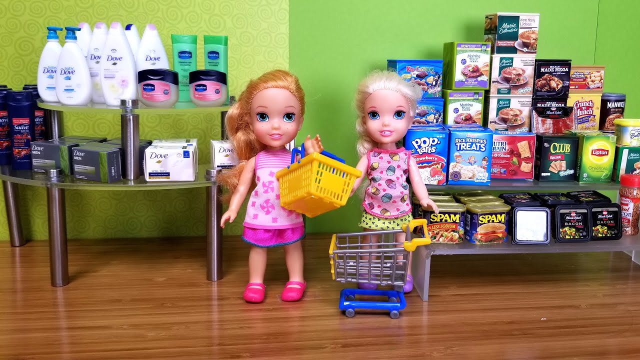 Elsa and Anna toddler at the store - shopping - food - supermarket - hide and seek