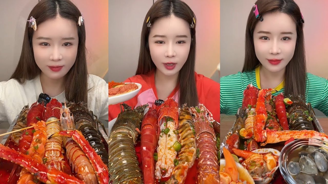 Yummy #322:Eat seafood 🦞 salmon red devil shrimp 🍤🦐 squid 🦑🐙 lobster#mukbang #yummy #delicious
