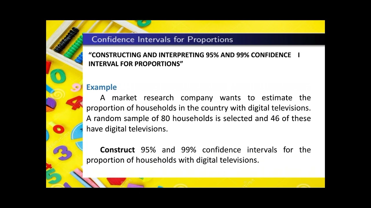 CONSTRUCT AND INTERPRET 95% AND 99% CONFIDENCE INTERVAL FOR MEAN AND PROPORTIONS