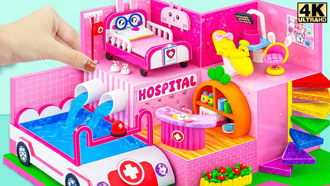 Craft Bunny Hospital with Water Pool Ambulance, Patient Room & Rainbow Stairs ❤️ DIY Miniature House