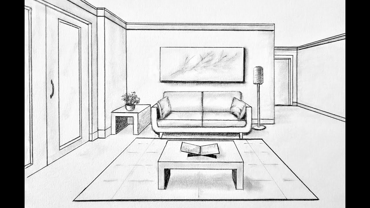 How to draw a living room in one point perspective