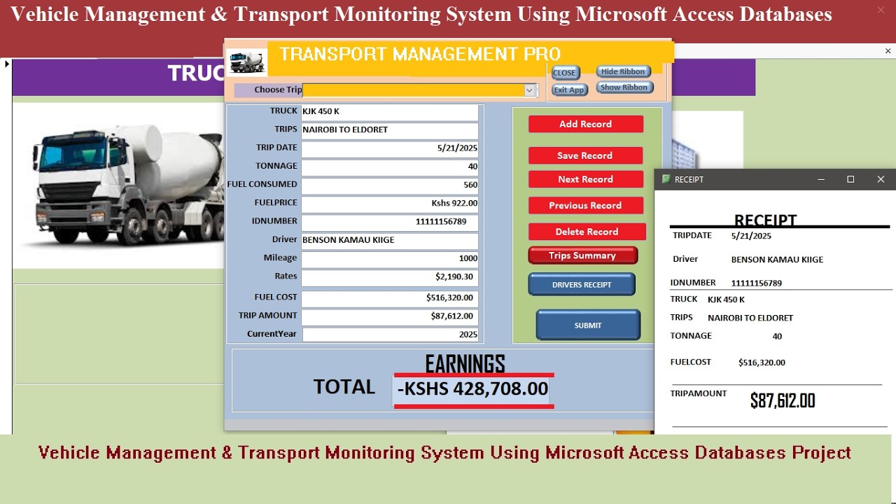 Vehicle Management & Transport Monitoring System Using Microsoft Access Databases Project