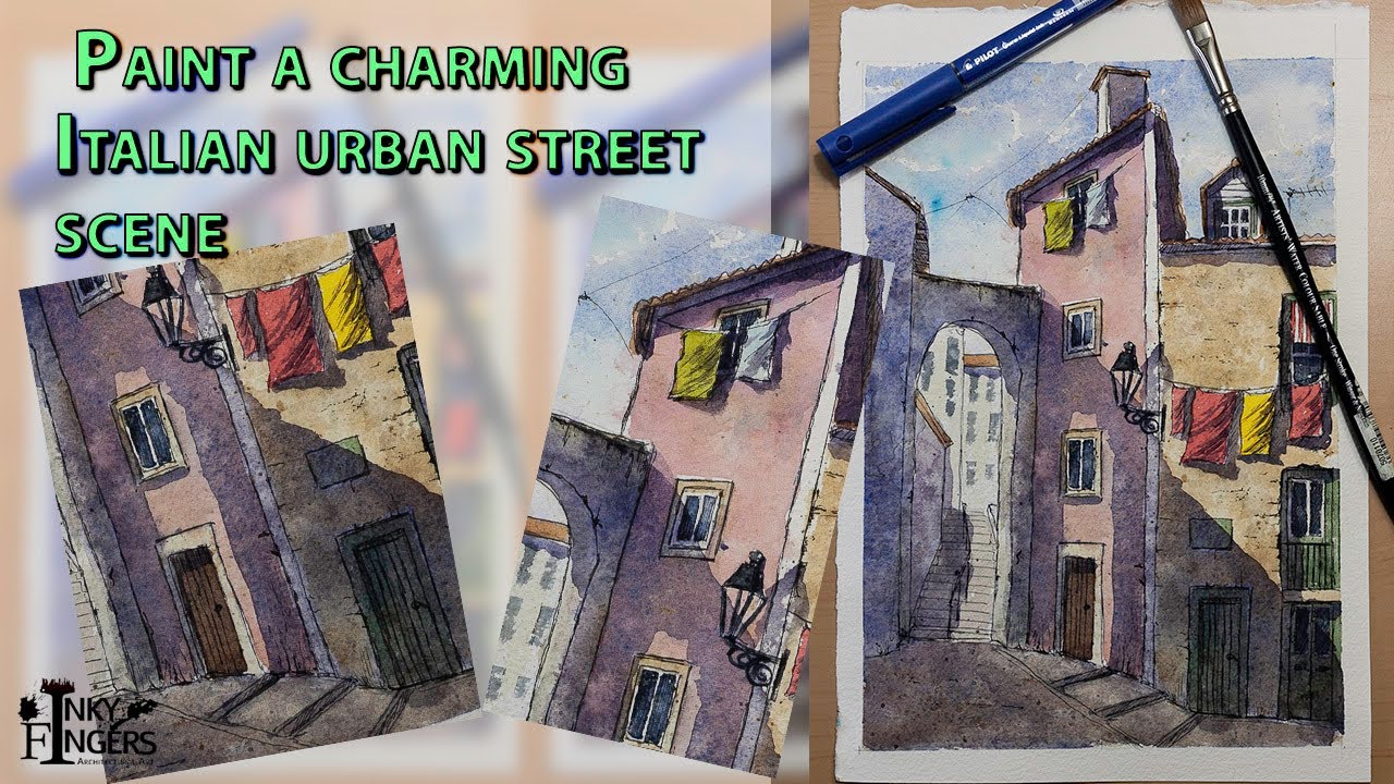 Draw and paint  an Italian urban street scene