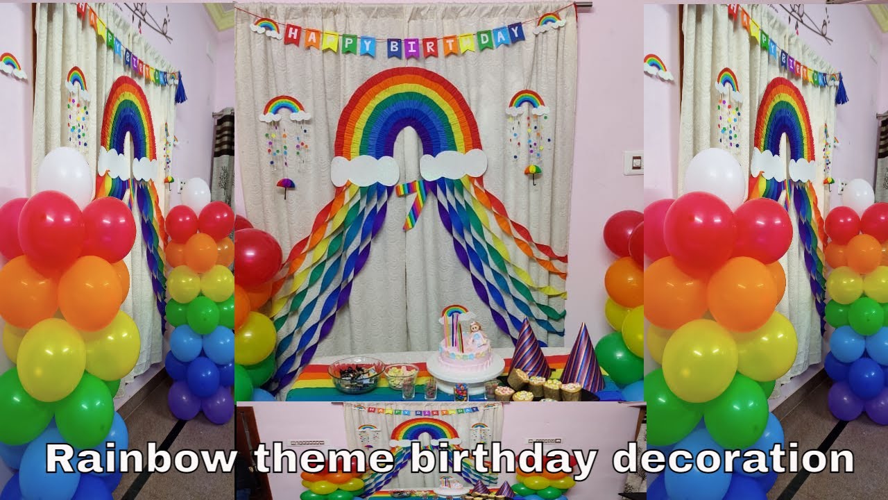 Rainbow theme birthday decoration ideas at home | surprise party decoration at home