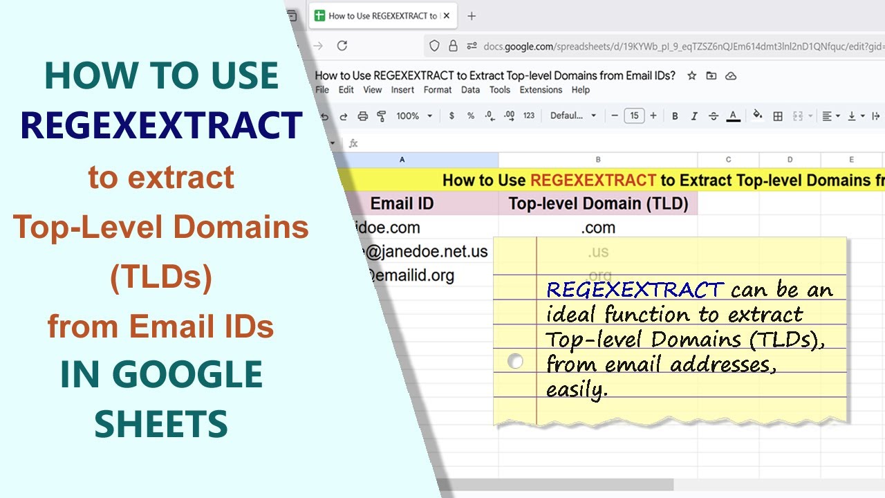 Google sheets | REGEXEXTRACT | Function | Extract Top Level Domains | From Email IDs | Example