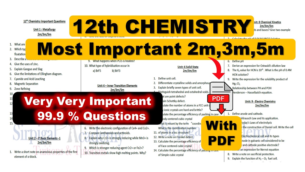 12TH CHEMISTRY Most Important 2m,3m,5m Questions #chemistry #12th #exam #boardexam #important