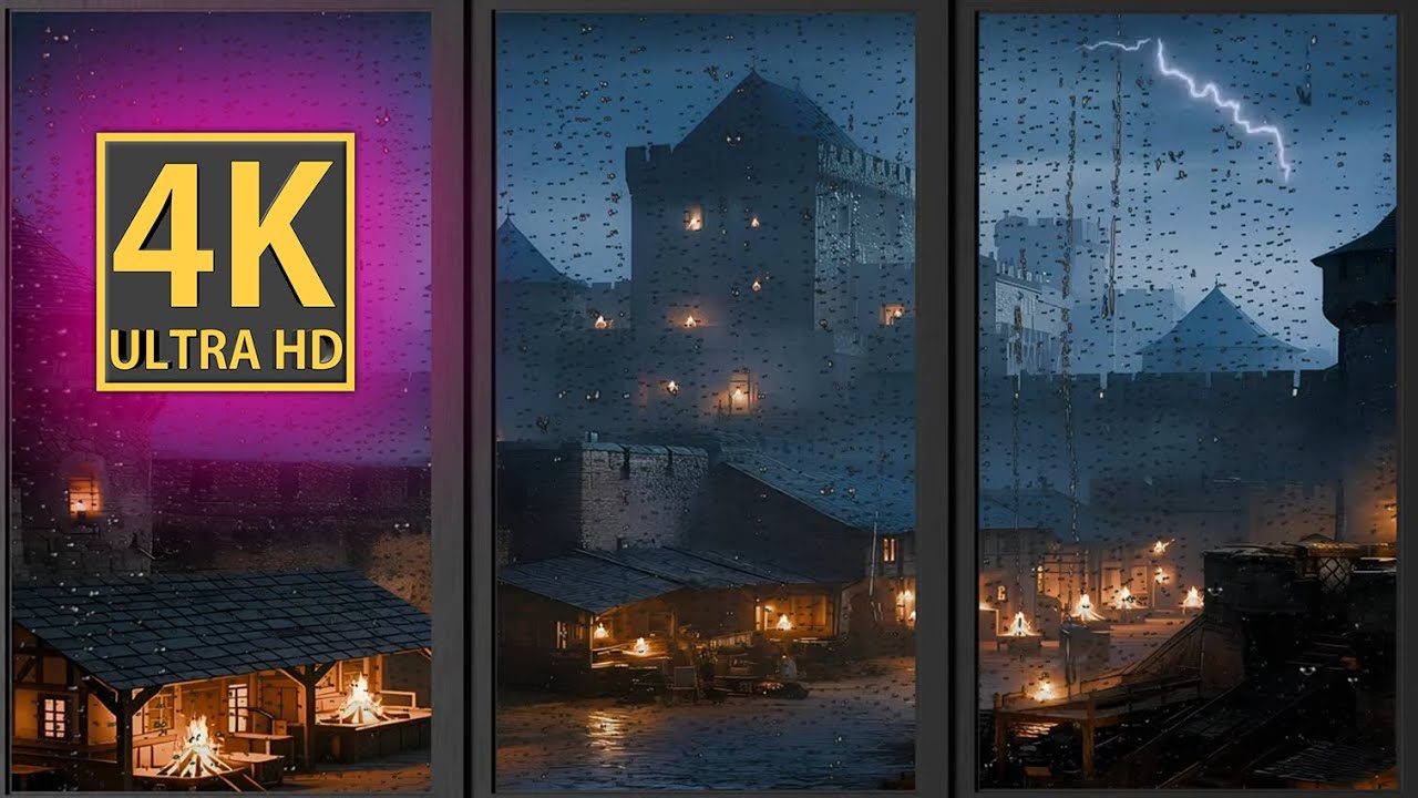 4K | 10-Hour Medieval Castle Ambience with Fireplace & Rain | Relaxing Loop for Focus, Sleep & Study