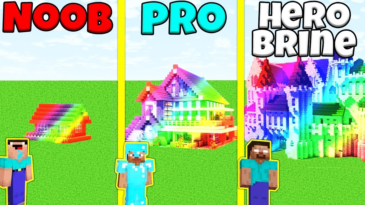 Minecraft Battle: NOOB vs PRO vs HEROBRINE: RAINBOW HOUSE BUILD CHALLENGE / Animation