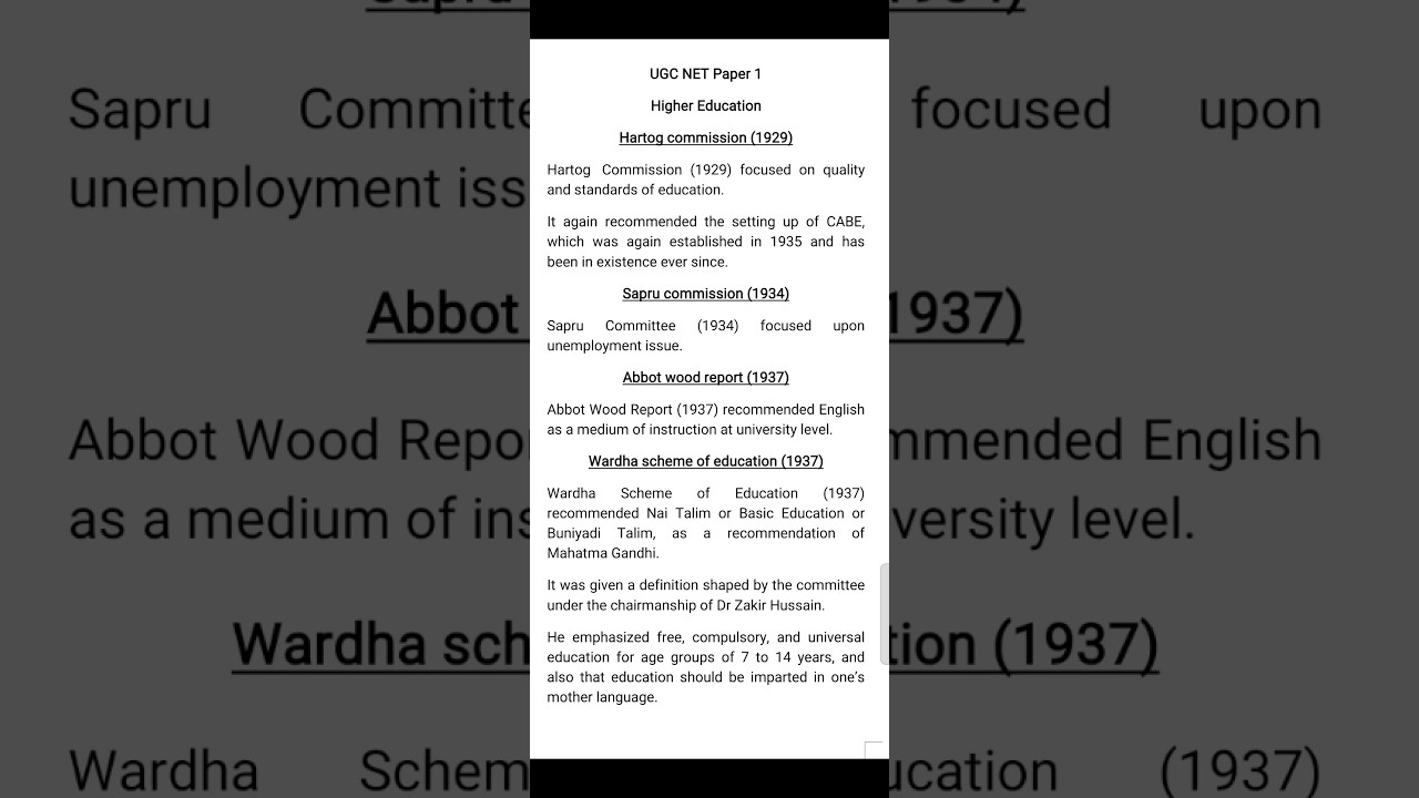 Hartog commission, Sapru commission, Abbot wood report, wardha scheme of education. Higher Education