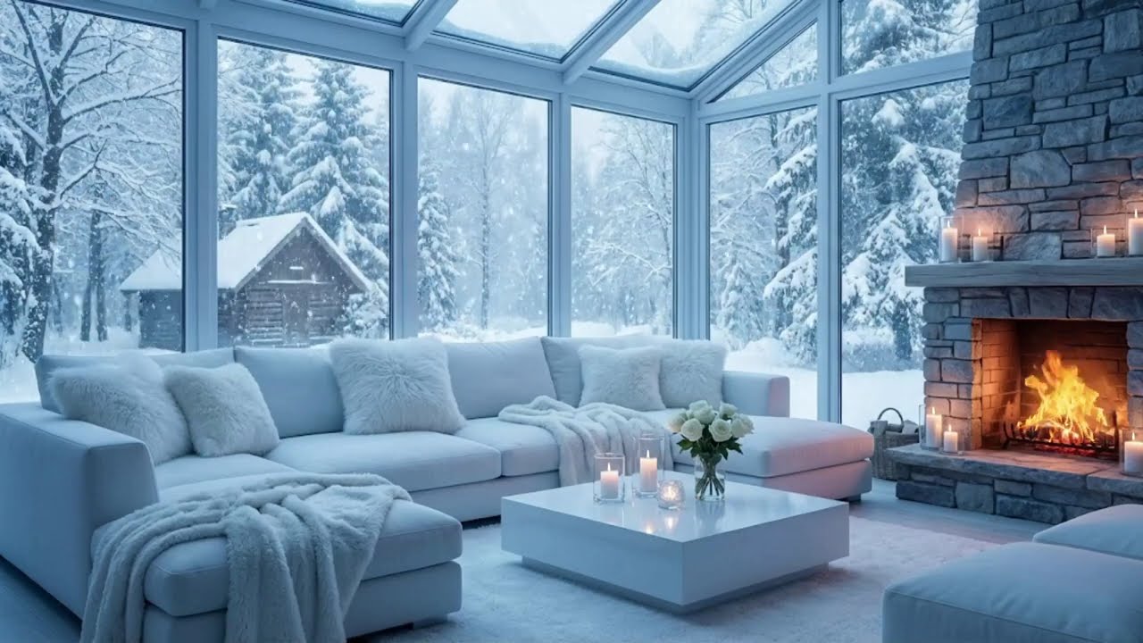 Soft Piano by the Fireplace | Snow Falling Outside for Focus, Reading & Rest