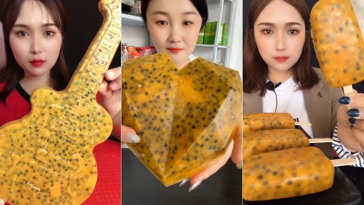 Eating Crunchy Passion Fruits İce 吃脆百香果冰 DONMUŞ ÇARKIFELEK MEYVESİ YEMEK crunchy sounds 💛